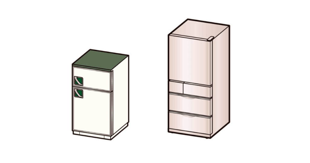 不用品回収の対象となる2ドア冷蔵庫と6ドア冷蔵庫のイラスト（単品回収プラン）