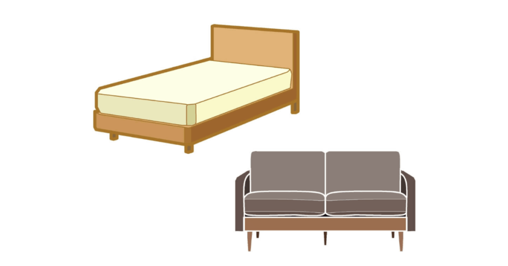 不用品回収の対象となるソファとベッドのイラスト（単品回収プラン）