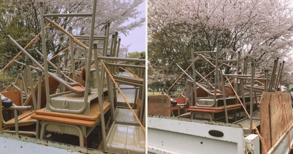 公立学校の教室から撤去・回収した大量の児童用机と椅子(春日部リユースの法人向け回収実績)